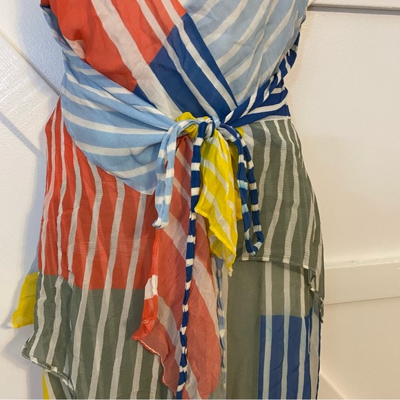 Tanya Taylor Goldie Striped Colorblock Patchwork V-Neck Handkerchief Midi Dress - Picture 5 of 14